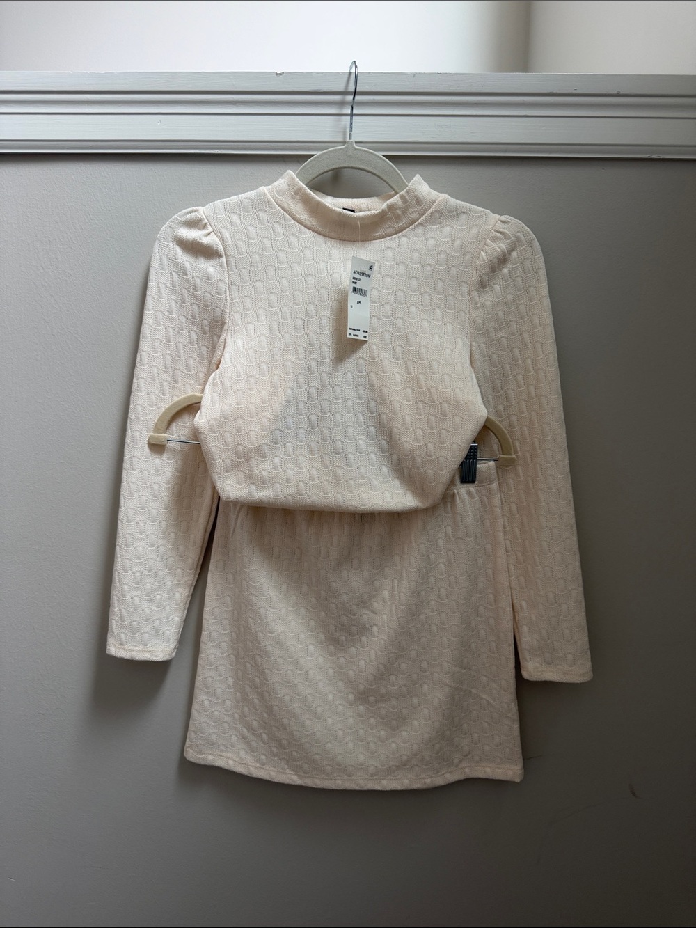 NWT Zunie Girls Cream Textured Long Sleeve Top & Skirt Set with Puff Shoulders